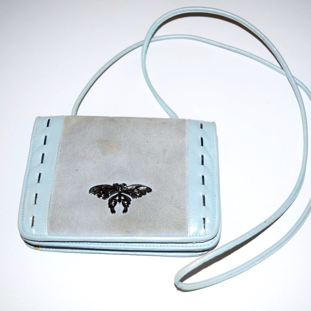 Donald J Pliner Blue Gray Suede Leather Signature Butterfly Purse Bag Crossbody
